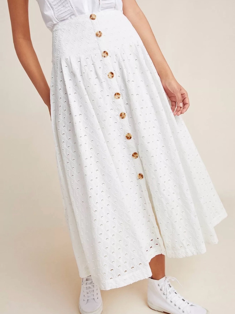 Anthropologie Maeve Vanderbilt Eyelet Button-Front Midi Skirt